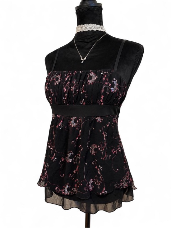 le chateau Tops - le chateau Black Camisole with Pink Floral Embroidery